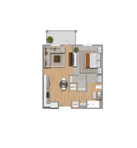 Floor plan for 1 bed, 1 bath, 670 sqft